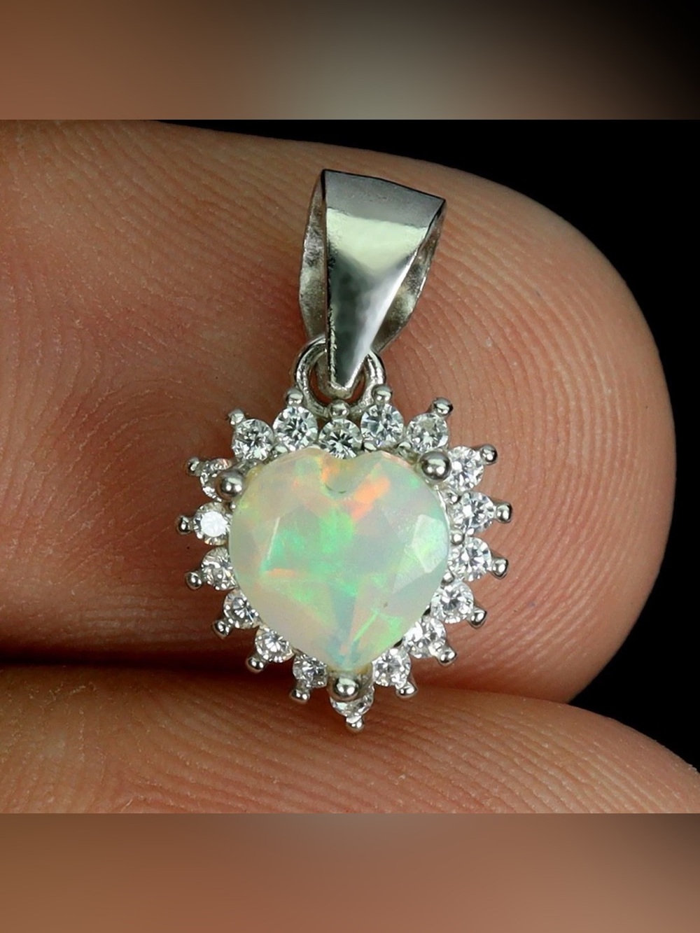 Stunning Natural Crystal Fire Opal Heart with Zircon Halo Pendant Necklace 18”